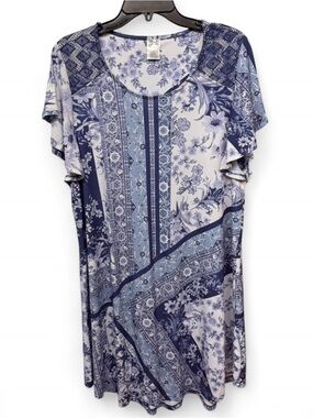 Moda Blue Floral Mixed Print Flutter Sleeve Dress XL 16-18 Crochet Lace Accent